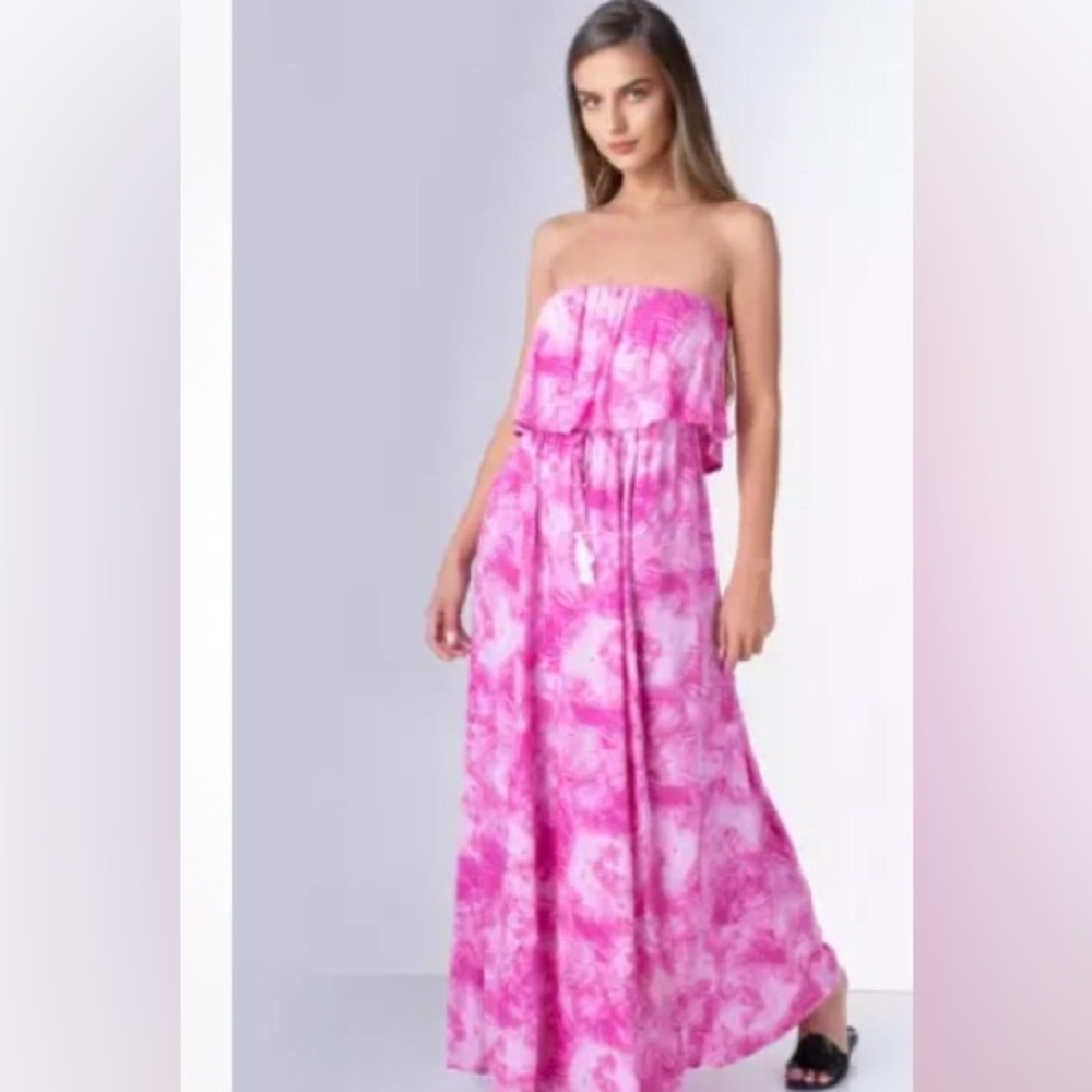Japana Strapless Tropical Pink Tie-dye Maxi Dress